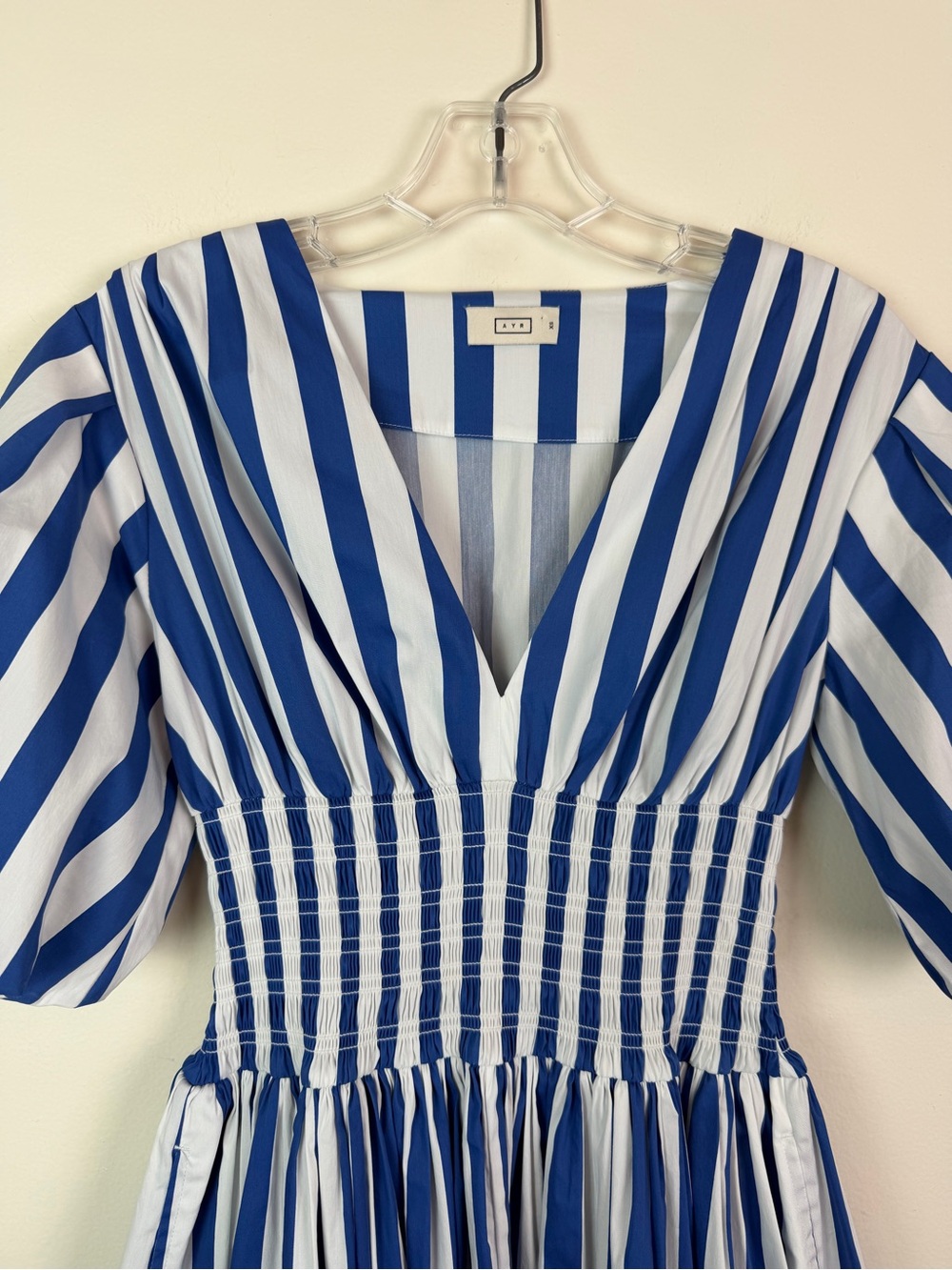 AYR The Extra Extra Puff Sleeve Midi Dress in Marais Blue Regatta Stripe XS - Picture 7 of 16